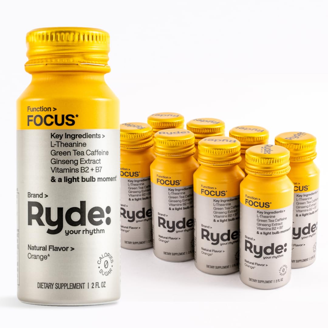 Ryde: Focus Shot | Orange Flavor | L-Theanine & Ginseng | Green Tea Caffeine
